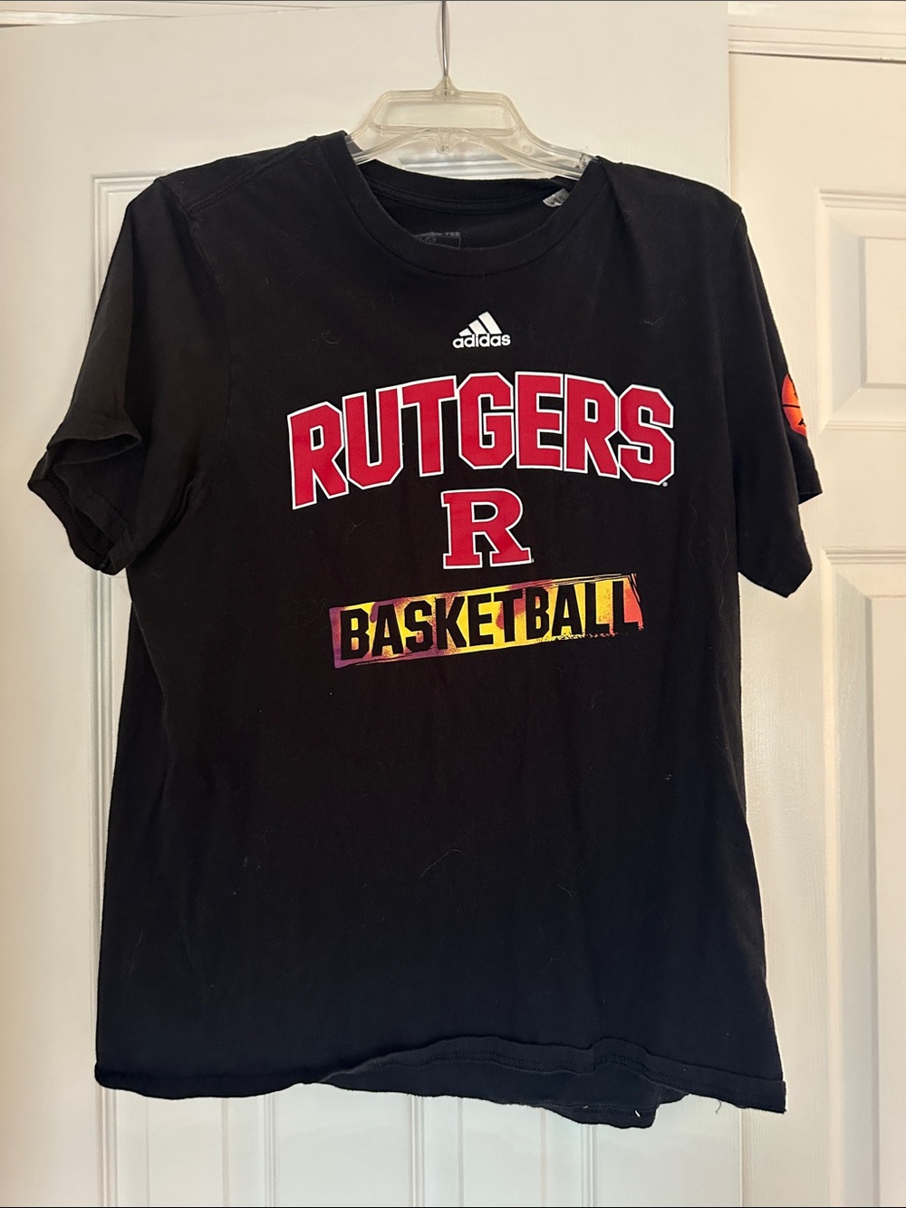 adidas Black Rutgers Basketball Tee with Red Logo and Multicolor Print